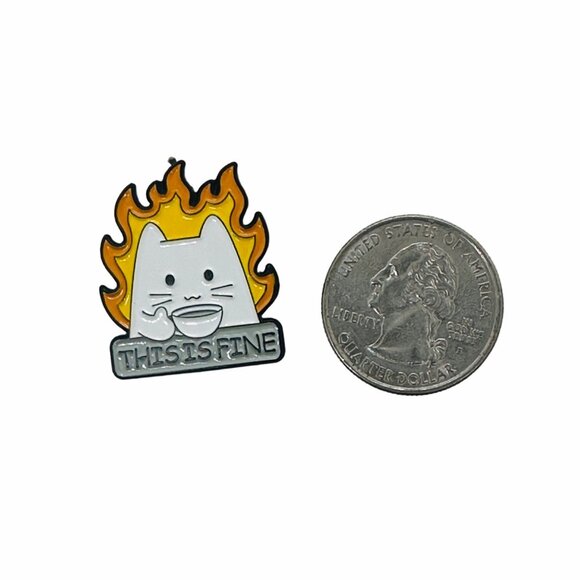✨This Is Fine Cat On Fire Sipping Tea Enamel Pin Animal Broch White Cat Cartoon✨ - Picture 5 of 5